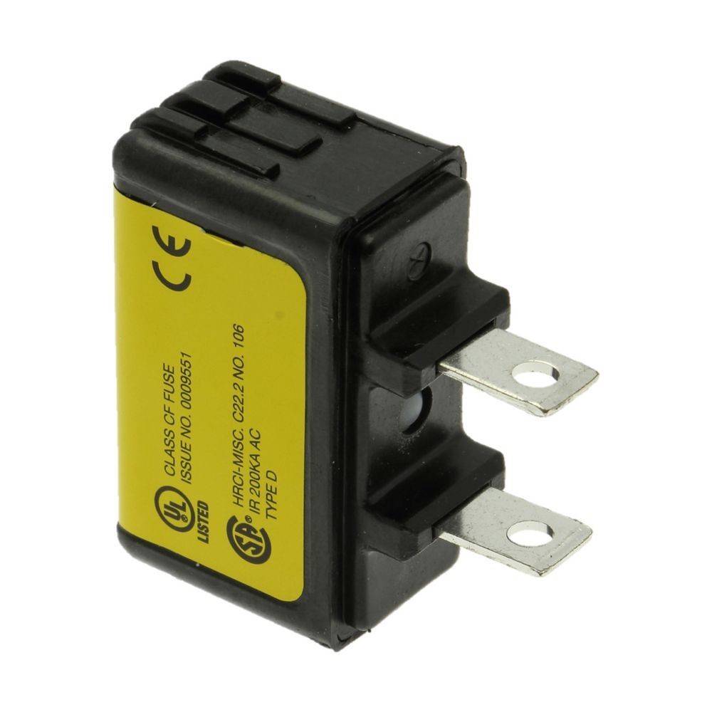 Eine rechteckige schwarze elektrische Komponente mit einem gelben Etikett, versehen mit Metallsteckern und verschiedenen Zertifizierungszeichen und Codes.