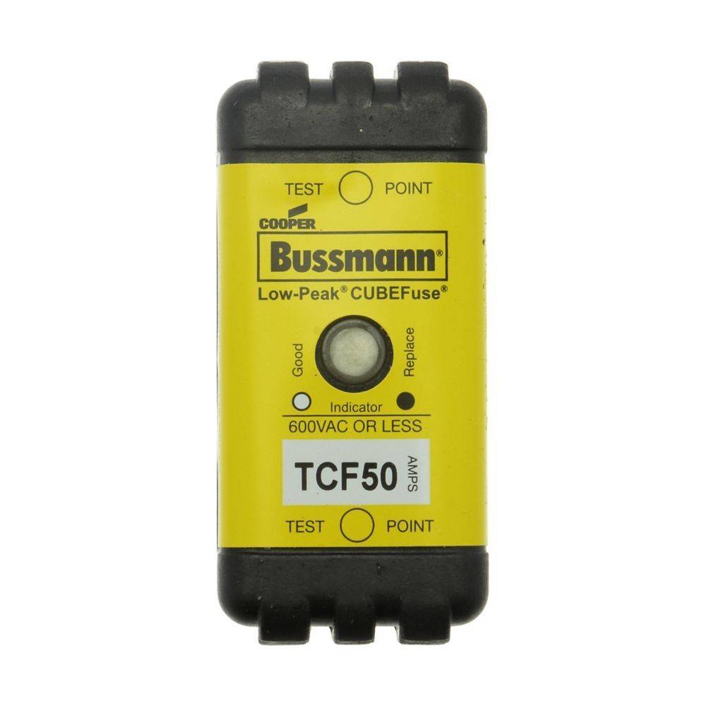 Eine gelbe Bussmann Low-Peak CUBEFuse mit Testpunkten und der Bezeichnung 'TCF50', verwendet für elektrische Sicherheit, mit einer Nennspannung von 600 VAC oder weniger.