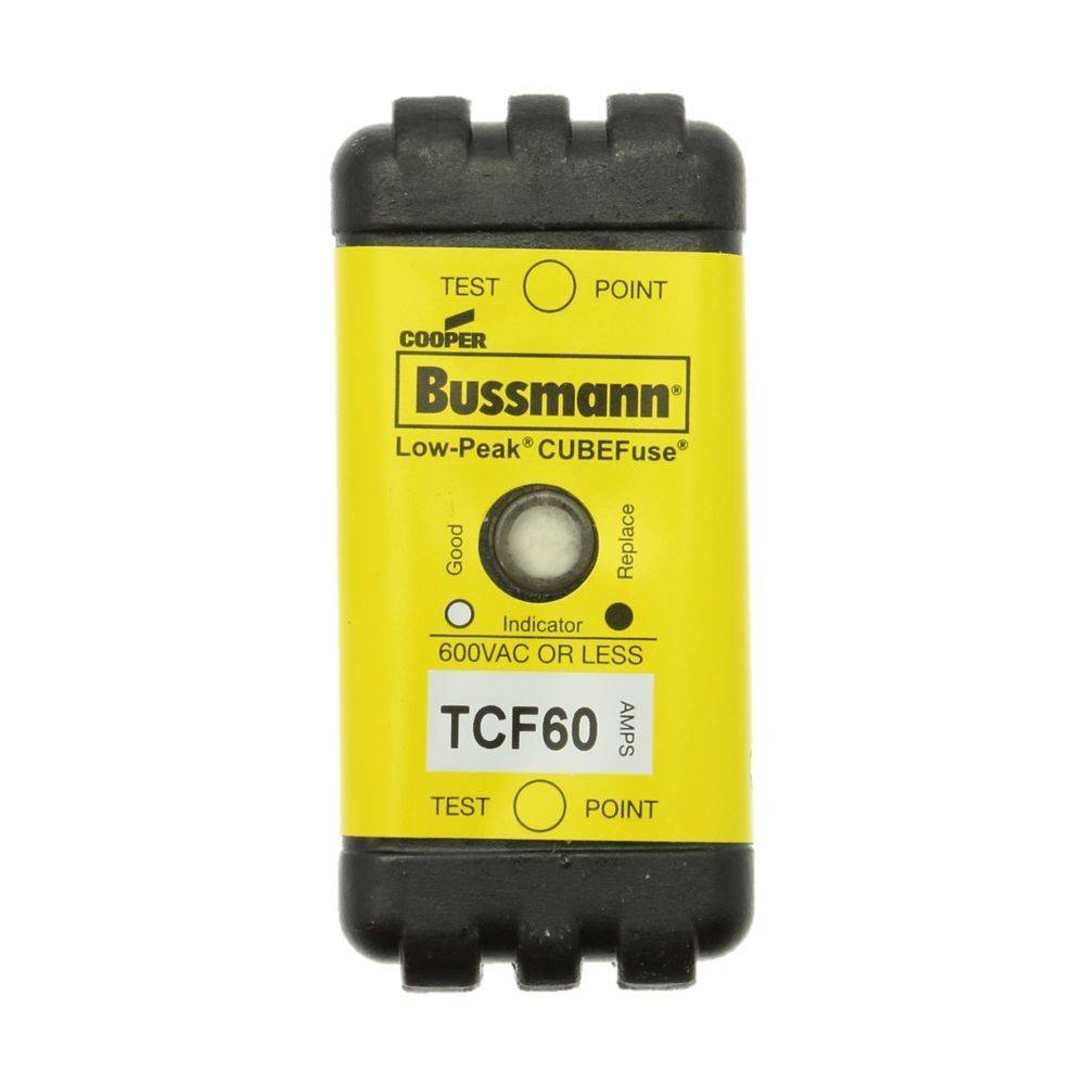 Zylindrische gelbe 'Bussmann Low-Peak CUBEFuse' mit '600VAC oder weniger' Beschriftung, die einen guten oder zu ersetzenden Zustand anzeigt, mit Testpunkten.