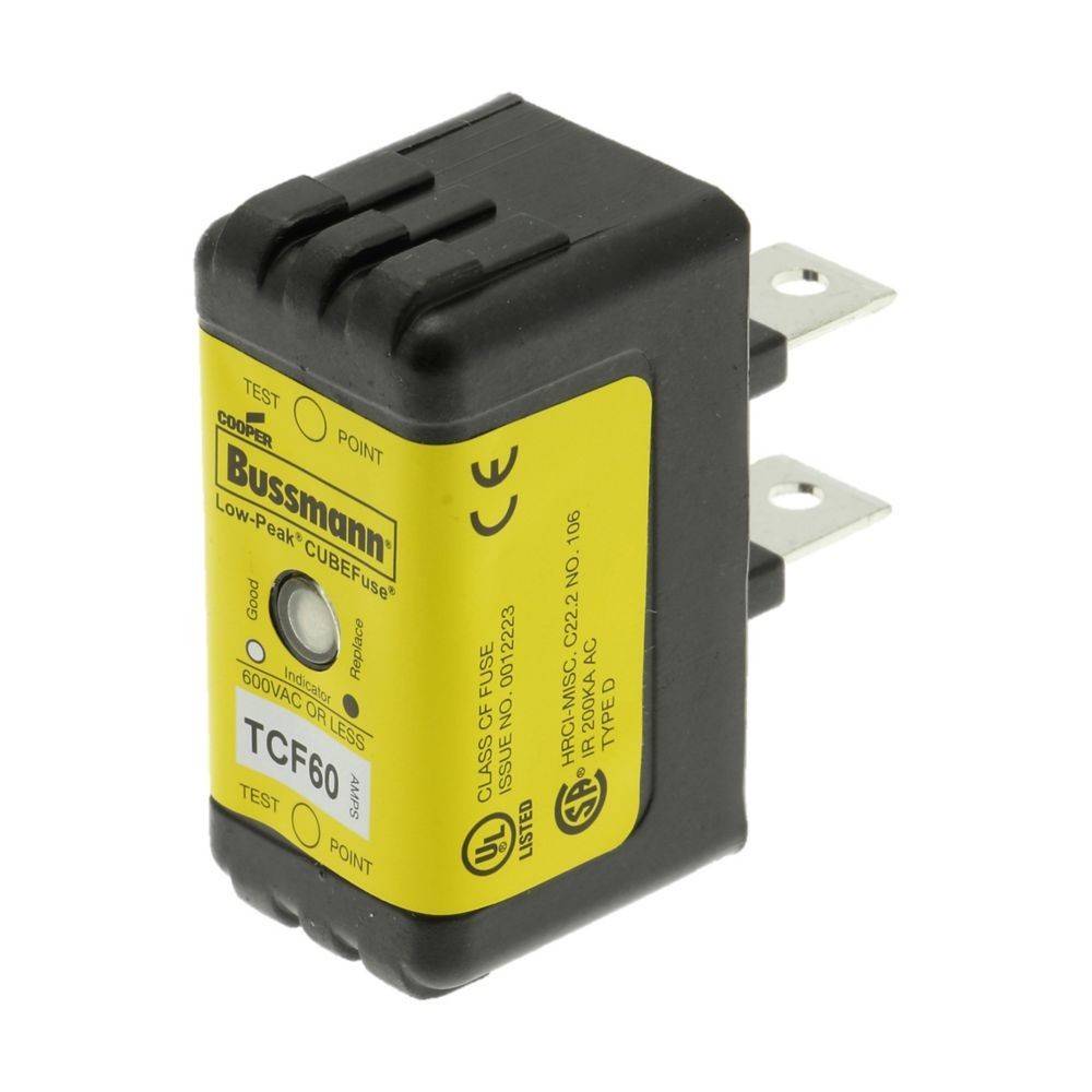 Eine gelbe und schwarze Bussmann Low-Peak CUBEFuse mit sichtbaren Spezifikationen und Messpunkten. Entwickelt für industrielle elektrische Anwendungen.