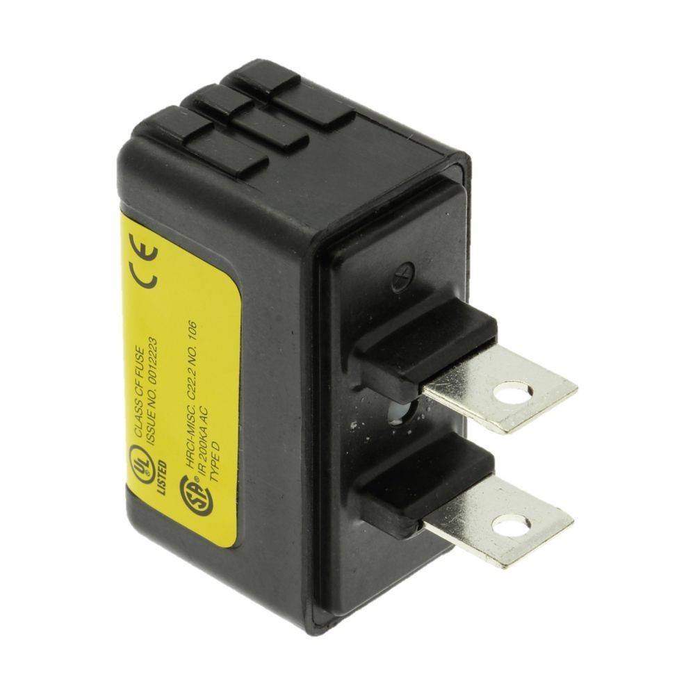 Ein schwarzer elektrischer Transformator-Stecker mit gelber Beschriftung, der zwei Metallzacken und Sicherheitszertifizierungssymbole an der Seite aufweist.