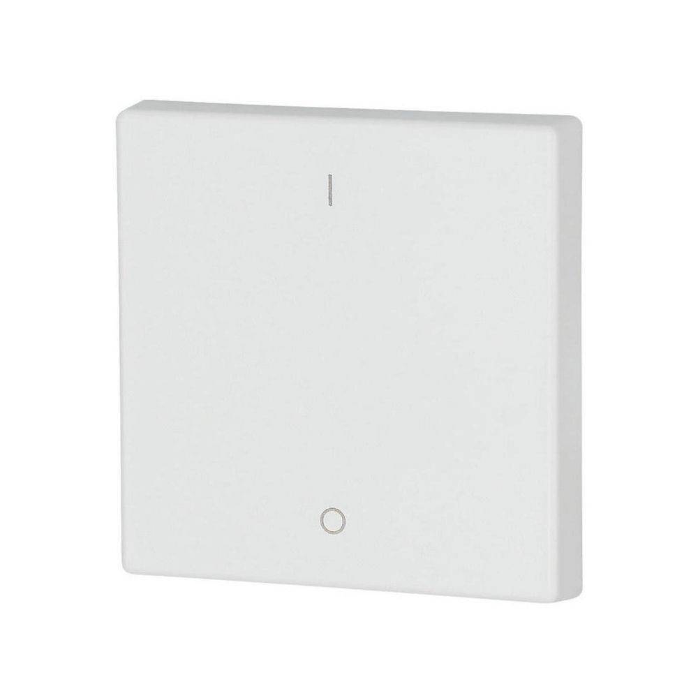 Ein weißes quadratisches Gerät, möglicherweise ein Smart-Home-Schalter oder -Sensor, mit einem kleinen runden Knopf in der Mitte unterhalb und einer winzigen LED darüber.