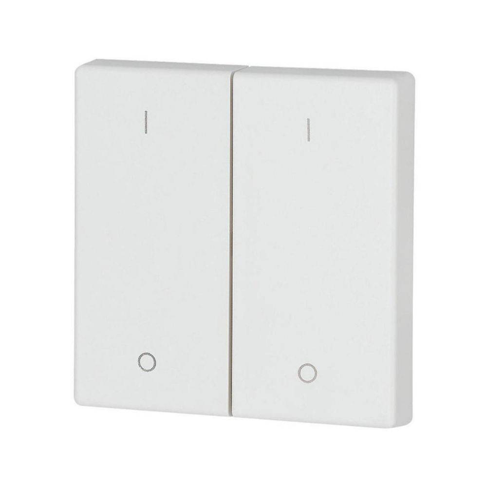 Ein Doppel-Lichtschalter-Panel mit zwei rechteckigen Tasten, die jeweils einen kleinen Kreis am unteren Ende haben, was berührungsempfindliche Bedienelemente anzeigt.