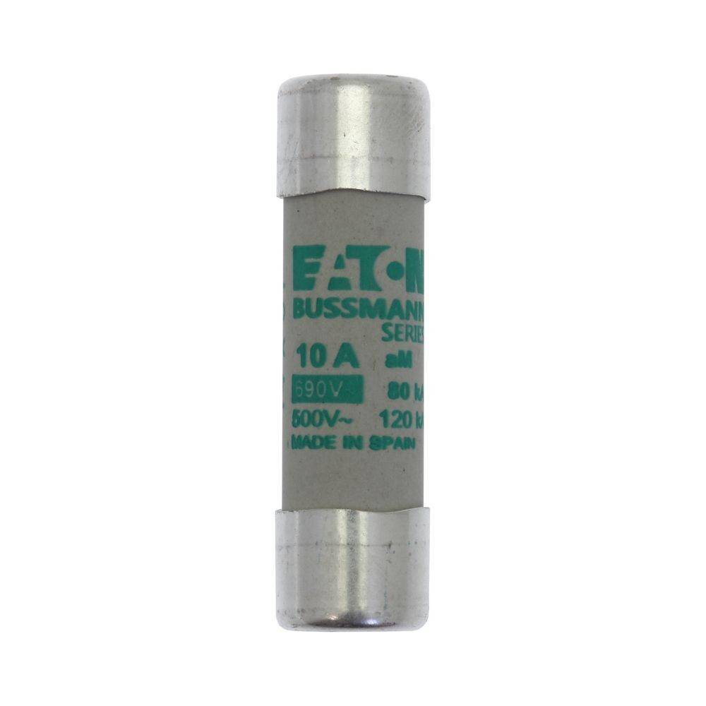 Eaton Bussmann Sicherung, 10A, 500V, 120kA, mit Metallenden und einer Beschriftung mit dem Aufdruck 'Made in Spain'. Verwendet zur Stromkreisabsicherung.