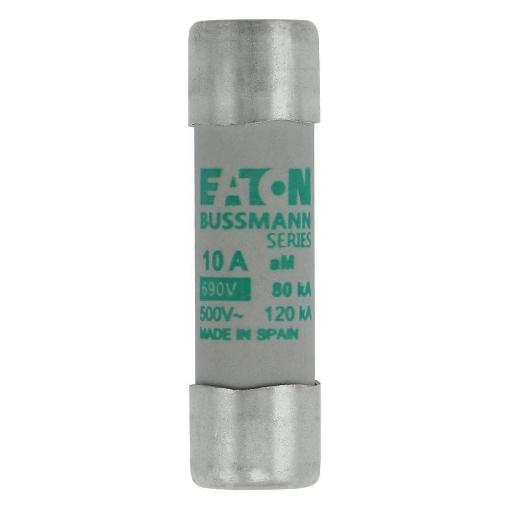 Eine zylindrische elektrische Sicherung mit der Kennzeichnung 'Eaton Bussmann Series', ausgelegt für 10A, 690V und 80 kA, mit einem Spannungsbereich von 500V bis 120kA, hergestellt in Spanien.