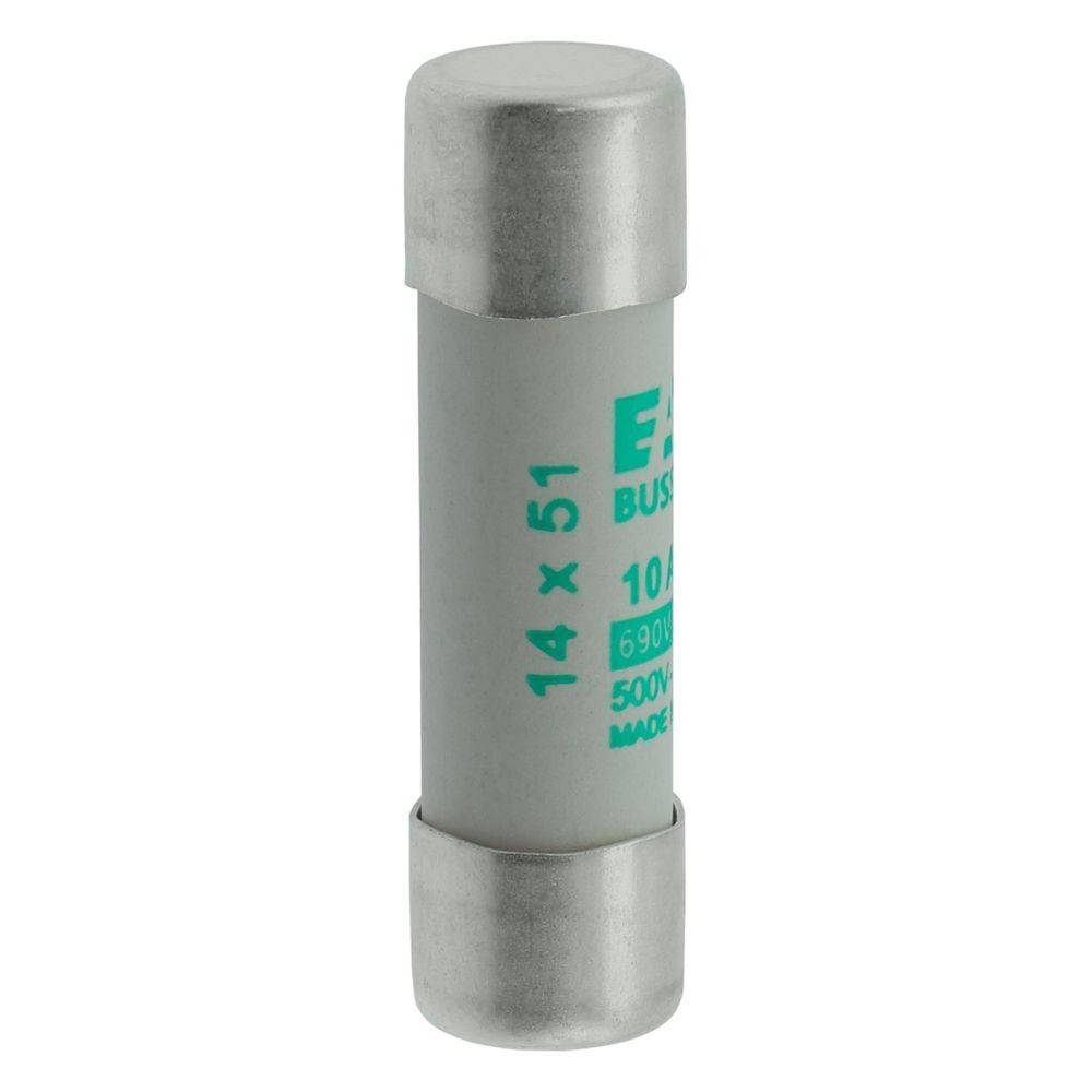 Eine zylindrische elektrische Sicherung mit Metallenden und weißem Körper, auf der '14x51' und '10A' Markierungen angebracht sind, die ihre Größe und Ampere-Bewertung angeben.