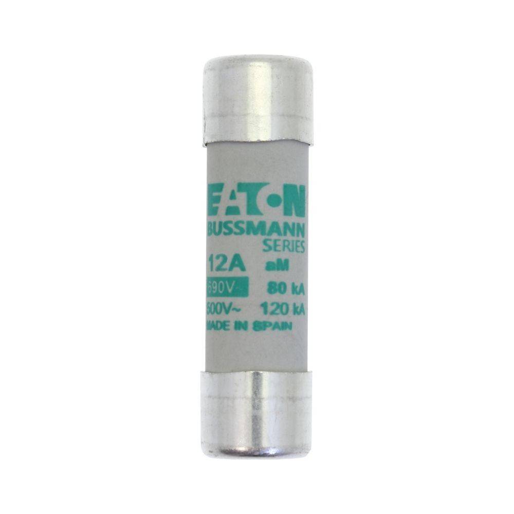 Eine Zylindersicherung mit der Bezeichnung 'Eaton Bussmann Series', bemessen mit 12A, 690V, 80kA. Der Text weist darauf hin, dass sie in Spanien hergestellt wurde.
