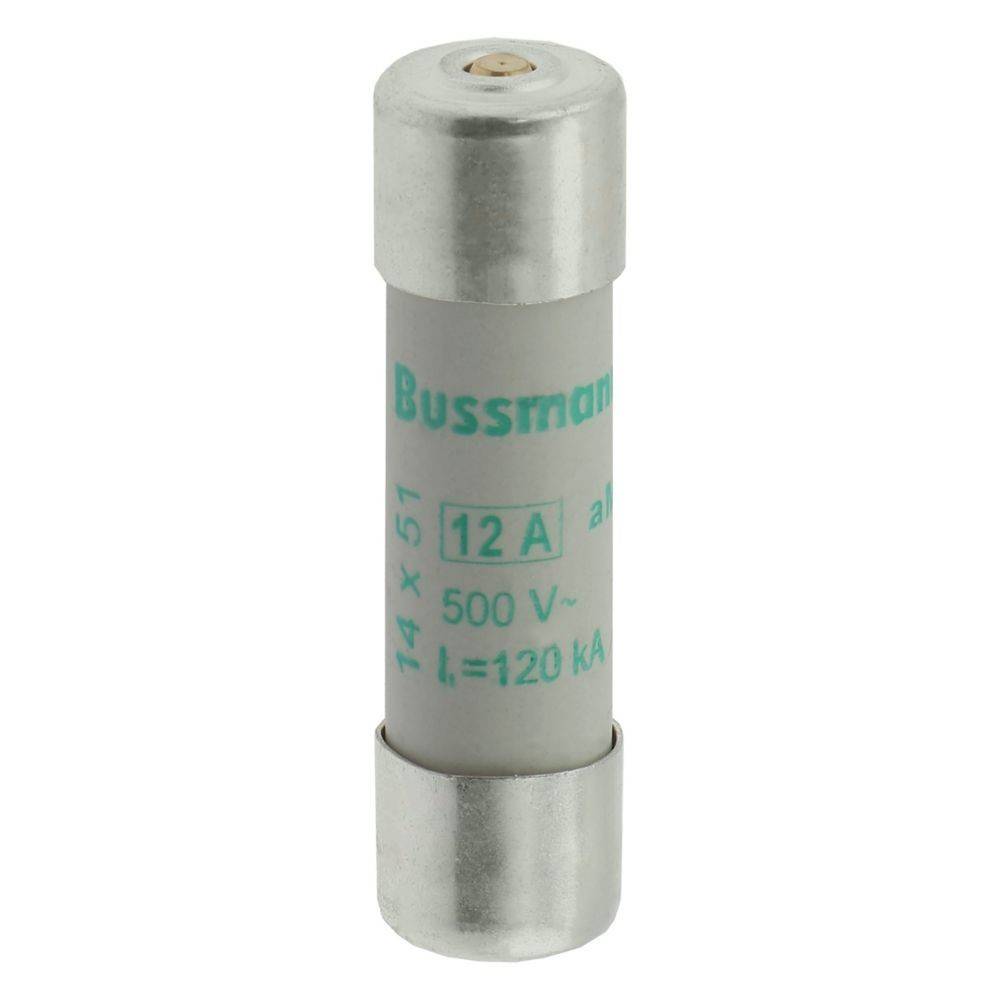Ein zylindrischer Sicherungseinsatz mit der Beschriftung 'Bussmann' mit folgenden Kennwerten: 12 A, 500 V~, Größe 14 x 51, I=120 kA.
