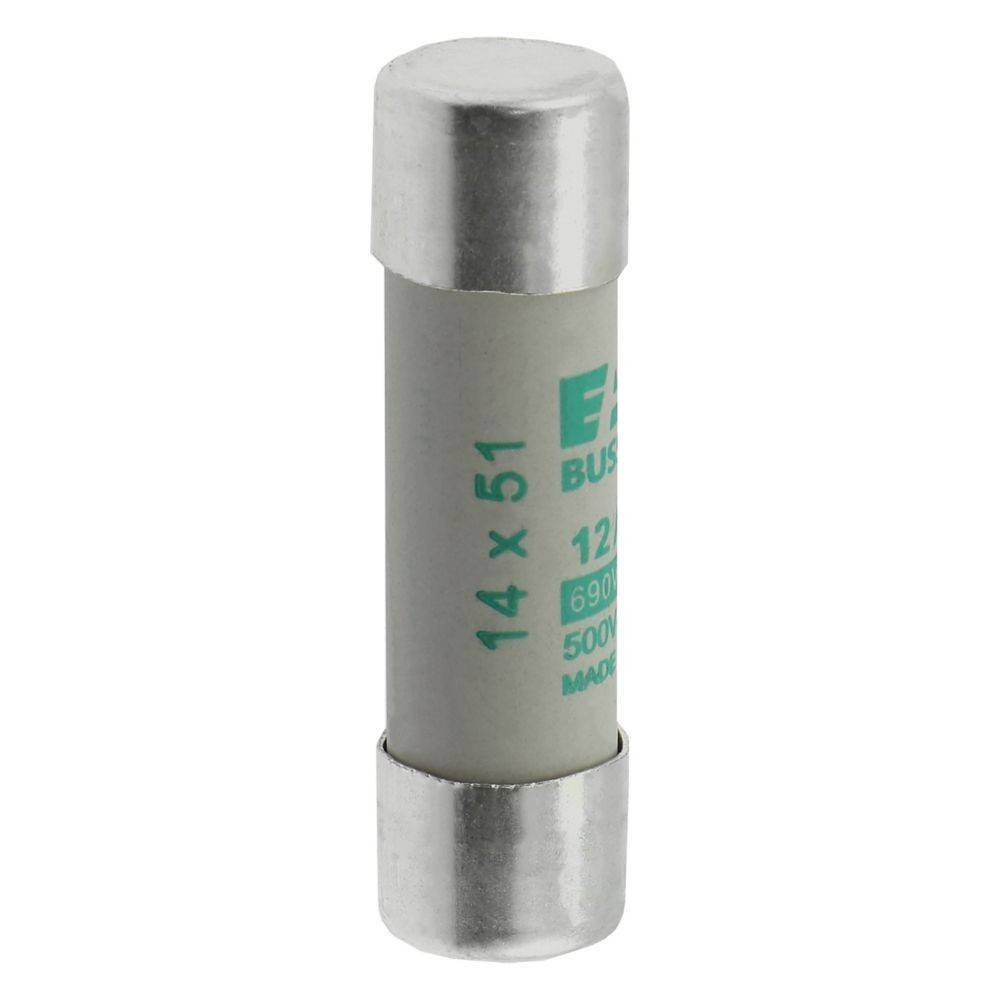 Eine Zylindersicherung mit Metallkappen an beiden Enden, mit Aufdruck '14 x 51', Nennspannung '500V', '125A', und Kennzeichnung 'Made in'.