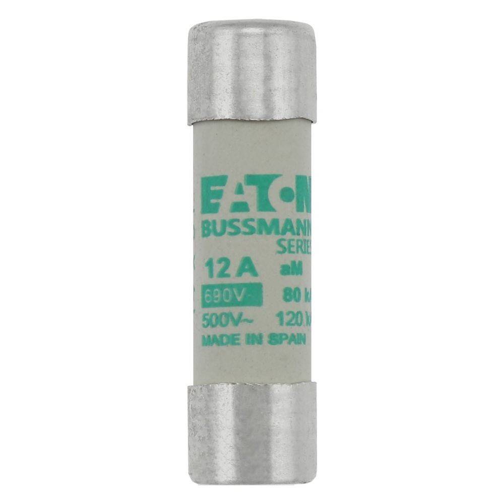 Eine zylindrische elektrische Sicherung mit der Bezeichnung 'Eaton Bussmann Series', '12A', '500V-690V', zur Stromkreisabsicherung, hergestellt in Spanien.