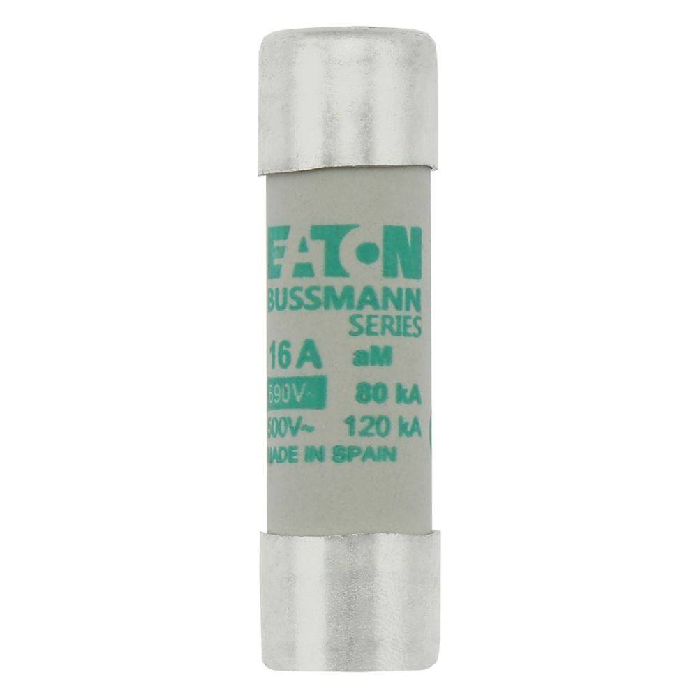 Eine zylindrische elektrische Sicherung mit der Aufschrift 'EATON BUSSMANN SERIES' mit folgenden Spezifikationen: 16 A, 690 V, 80 kA, 500 V, 120 kA, 'MADE IN SPAIN'.