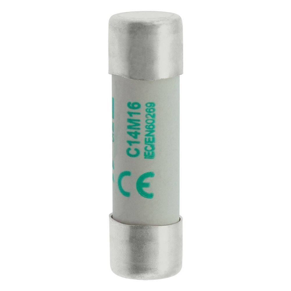 Eine zylindrische Sicherung mit silbernen Endkappen, gekennzeichnet mit C14M16 ECE N60269, die elektrische Spezifikationen und Konformitätssymbole anzeigt.