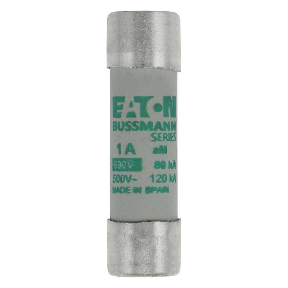 Eine Nahaufnahme einer zylindrischen Bussmann-Sicherung der Serie, ausgelegt für 1A, 500V mit einer Unterbrechungskapazität von 80 kA, hergestellt von Eaton.