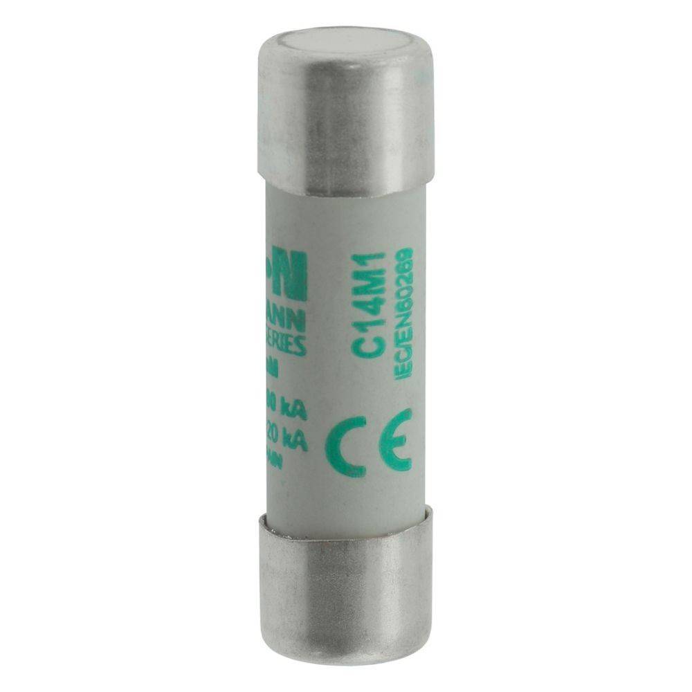 Eine zylindrische Sicherung mit Metalldekeln und einem Keramikkörper, beschriftet mit 'C14M1 62,5kA' und 'CE'. Verwendet zum Schutz elektrischer Stromkreise.