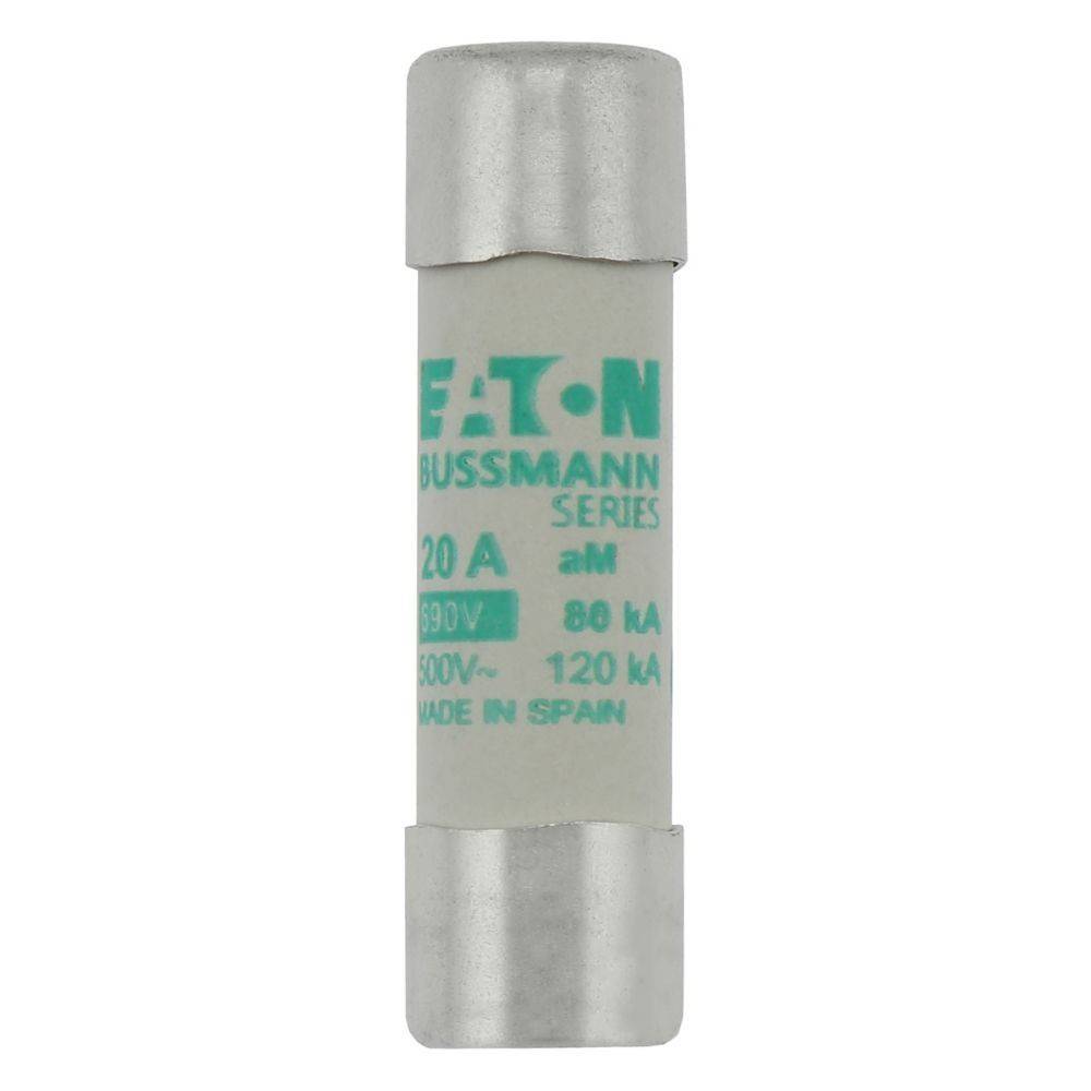 Eine Zylindersicherung mit Metallkappen mit der Beschriftung 'Eaton Bussmann Series, 20A aM, 690V, 80kA, 500V~, 120kA, Made in Spain'.