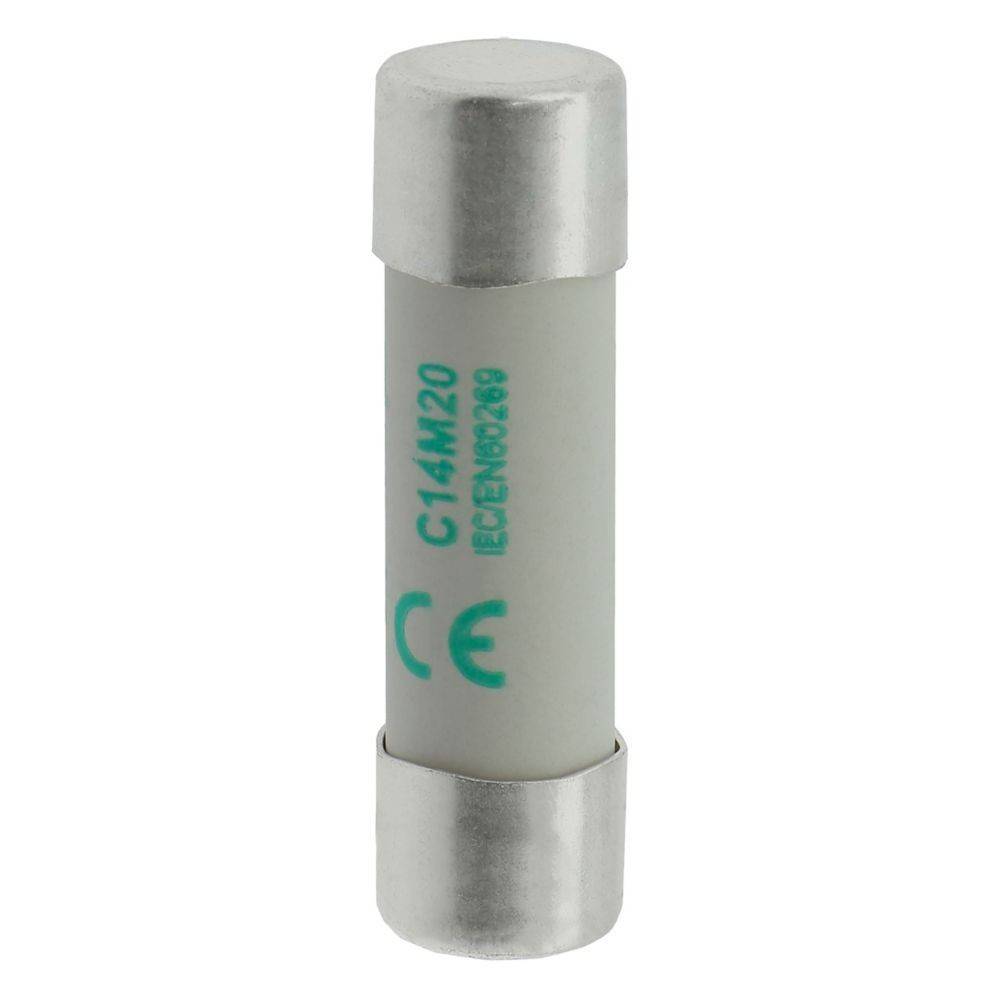 Eine zylindrische elektrische Sicherung mit Metallenden, gekennzeichnet mit 'C14 M20 IEC60290', vor einem einfarbigen Hintergrund.
