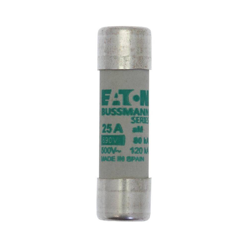 Eaton Bussmann Serie' 25-Ampere-Zylindersicherung, bemessen für 500V, 80kA, gekennzeichnet mit 'Hergestellt in Spanien'.