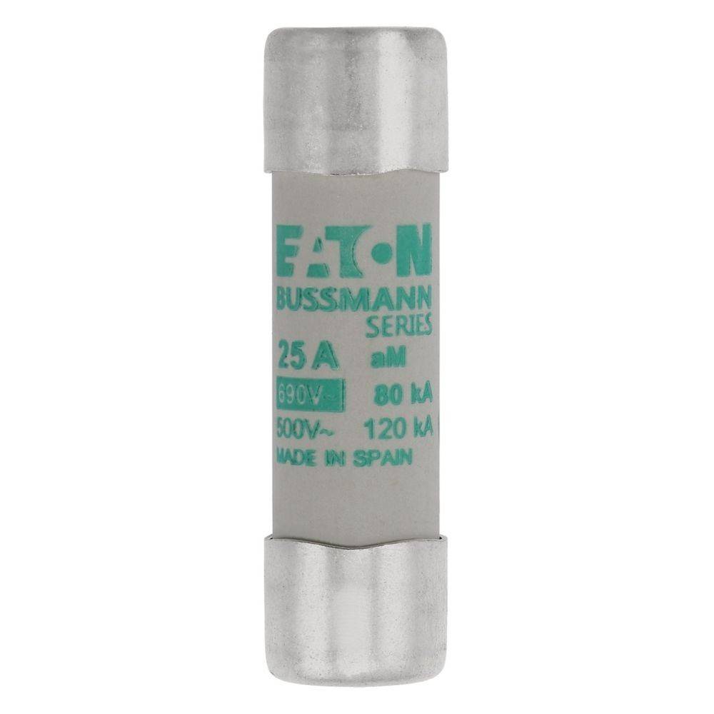 Eine zylindrische Eaton Bussmann Sicherung, gekennzeichnet mit ‚25 A', ‚690 V', ‚500 V' und ‚made in Spain', entwickelt für elektrischen Schutz.