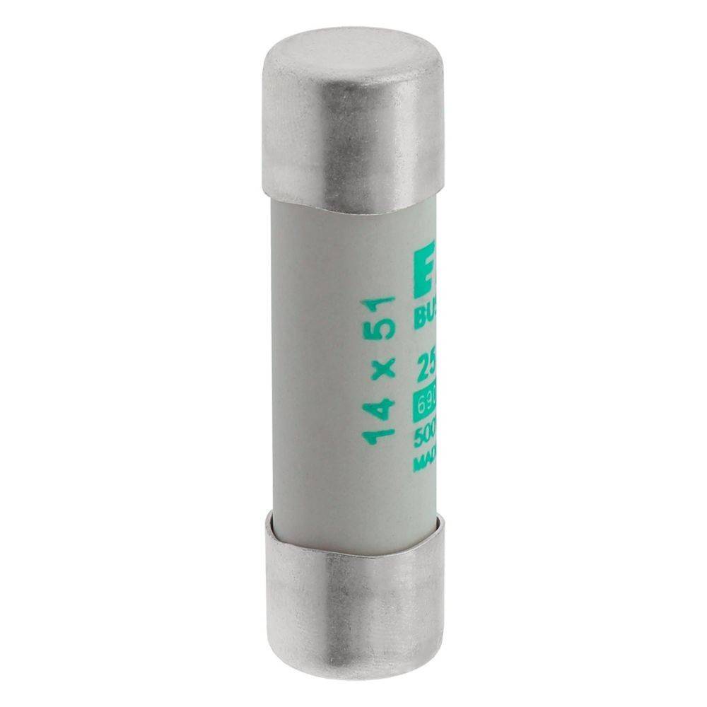 Zylindrische Sicherung mit Metallkappen, beschriftet mit '14 x 51', ausgelegt für 25A, zur elektrischen Stromkreisabsicherung.