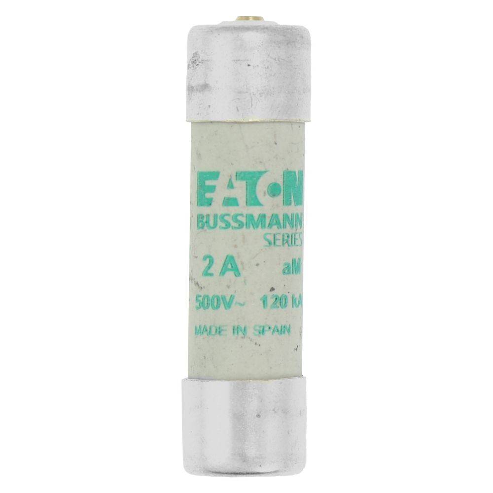 Eine zylindrische Eaton Bussmann Series Sicherung, beschriftet mit '2A 500V', die zur elektrischen Stromkreisabsicherung verwendet wird.