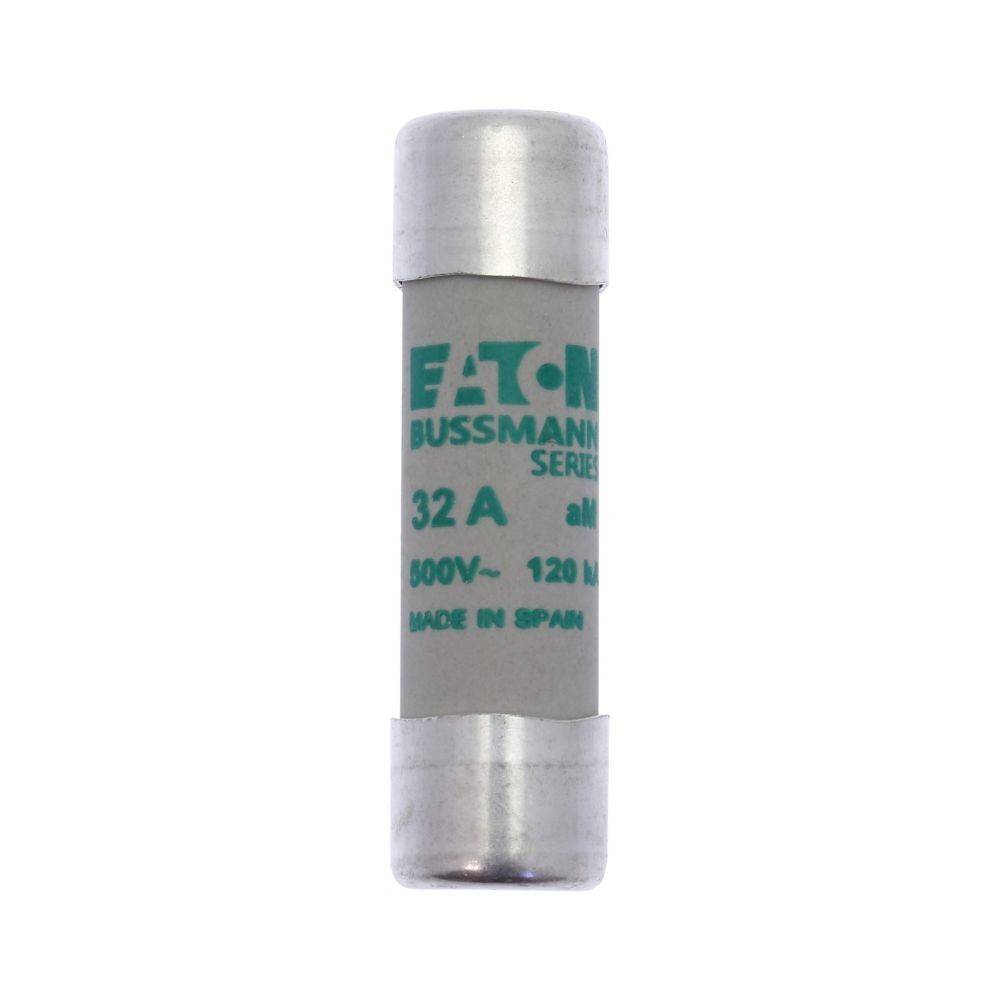 Eaton Bussmann Serie 32A Sicherung, bewertet mit 500V-120VAC, in Spanien hergestellt, gezeigt mit Metallkappen und zylindrischem Körper.