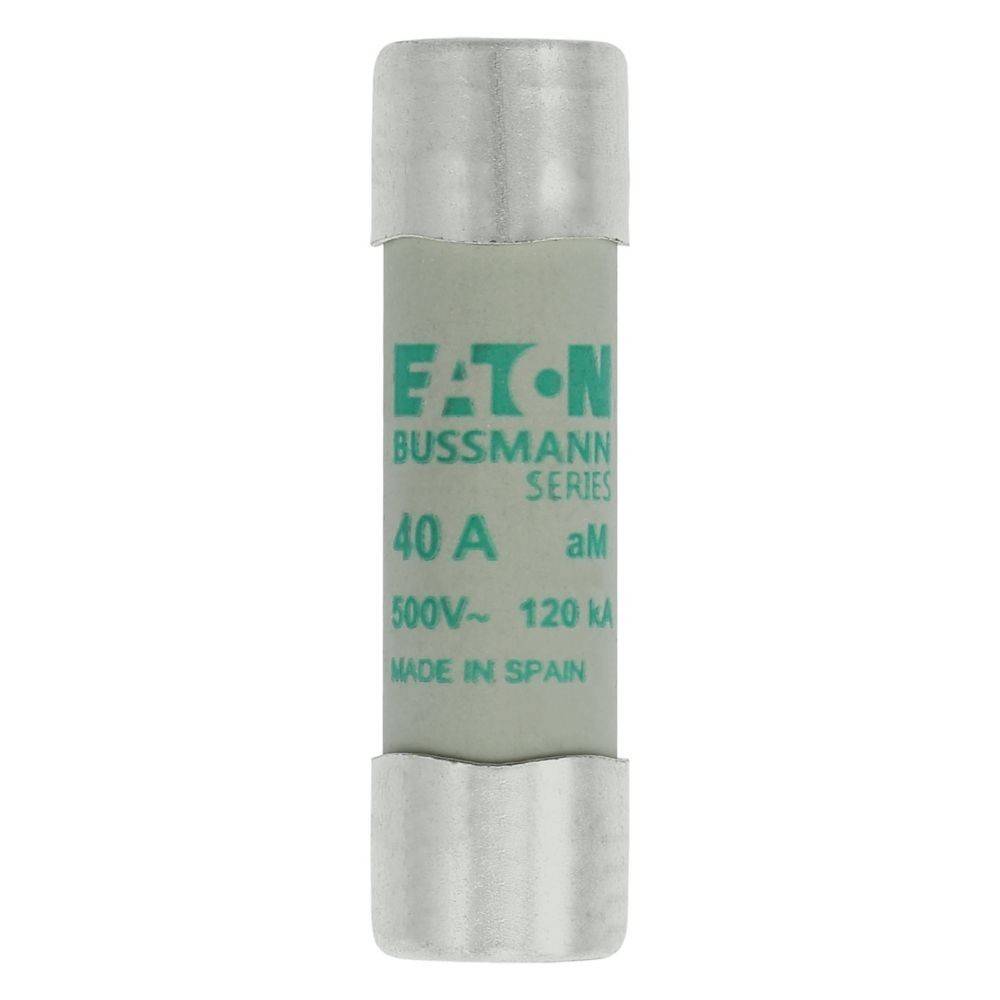 Eaton Bussmann Sicherungseinsatz, 40A, 500V, 120kA, hergestellt in Spanien, graue Gehäuse mit Metallenden.