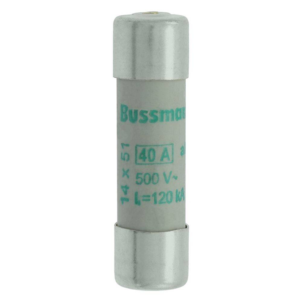 Eine zylindrische Sicherung mit der Bezeichnung 'Bussmann' und den Angaben '40 A', '500 V-' und 'L=120 kA'. Sie misst 14 x 51 mm und zeigt elektrische Spezifikationen an.