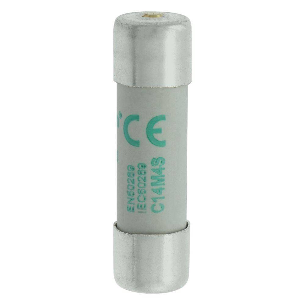 Eine Nahaufnahme einer zylindrischen elektrischen Sicherung, gekennzeichnet mit 'CE' und 'C14A/5', die ihre Zulassung und Spezifikationen anzeigt.