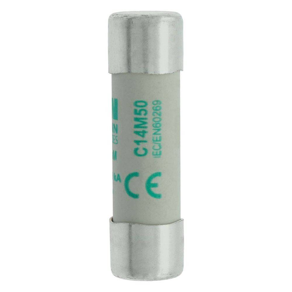 Bild einer zylindrischen Sicherung mit Metallendkappen, beschriftet mit C14M50 IEC 60269 und CE-Kennzeichnung.