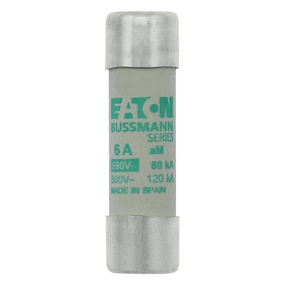 Das Bild zeigt eine Eaton Bussmann Sicherung mit folgenden Spezifikationen: 6A, 690V, 500V~, 80kA, 120kA, mit der Beschriftung „Made in Spain