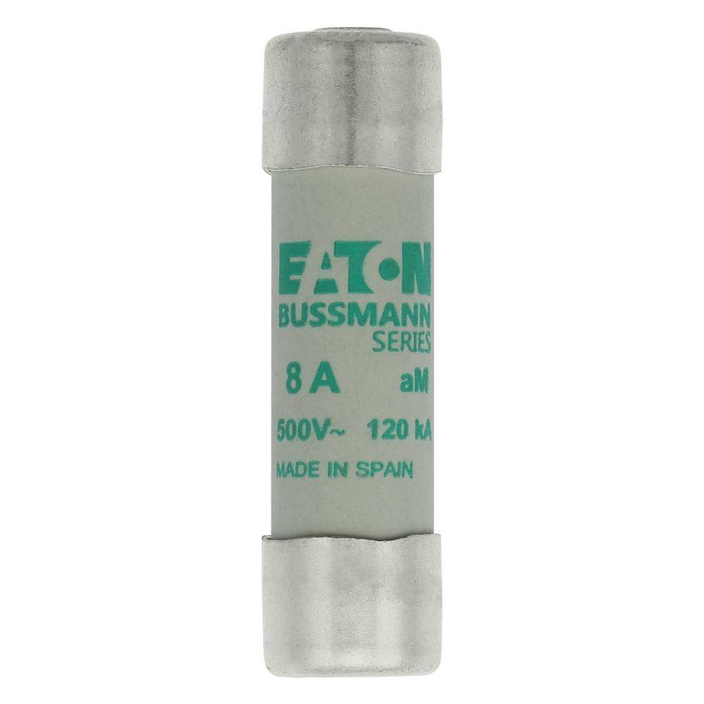 Sicherung der EATON Bussmann-Reihe, 8A, 500V, 120kA, in Spanien hergestellt. Zylindrische Form mit Metallappliken an beiden Enden.