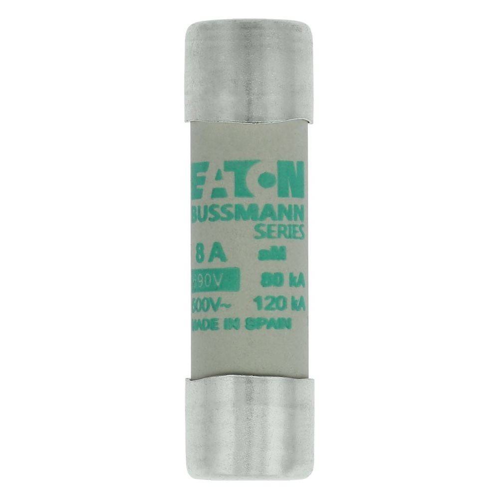 Ein zylindrischer Eaton Bussmann Series Sicherungseinsatz mit der Beschriftung '8A, 500V~ 120kA'.
