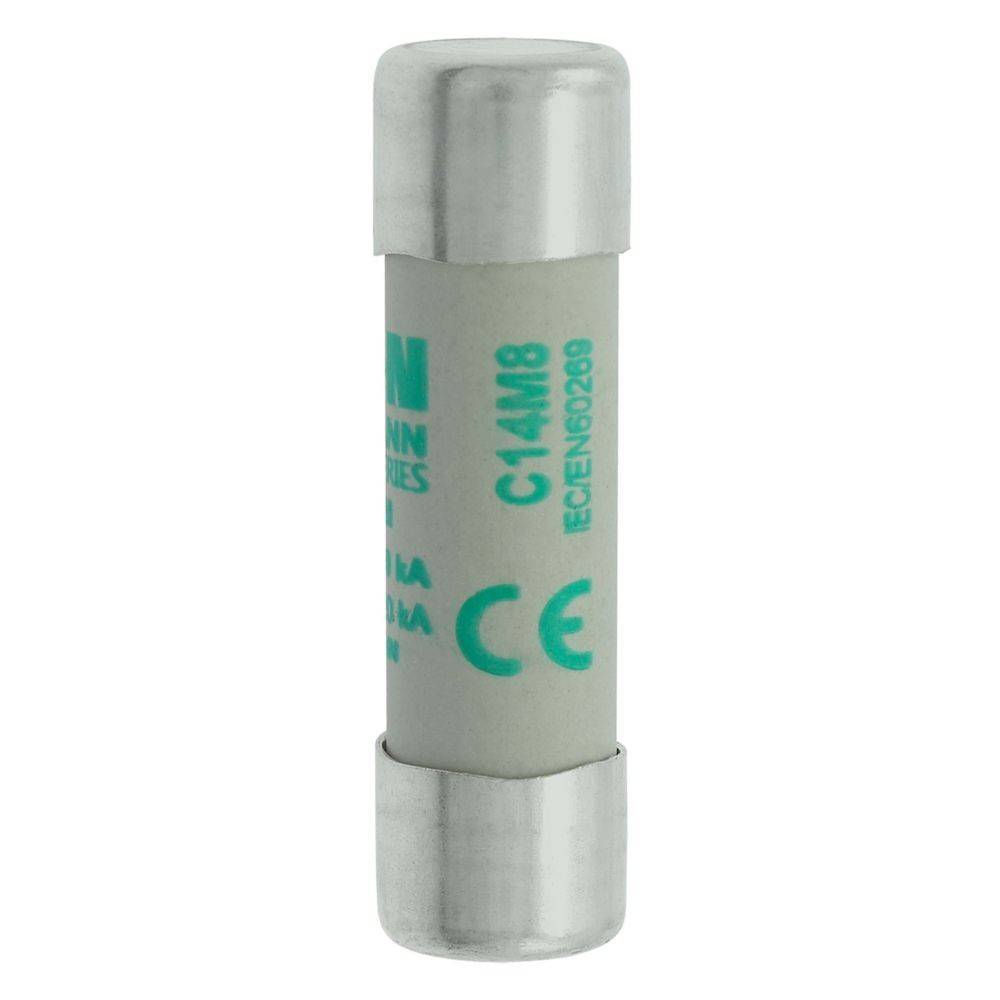 Eine zylindrische Sicherung mit metallischen Enden und einem weißen Körper, gekennzeichnet mit 'C-14M8' und einem CE-Konformitätssymbol.
