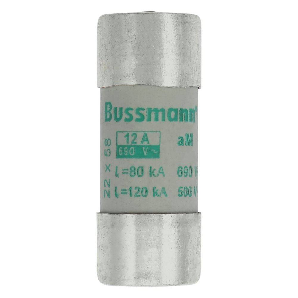 Eine zylindrische 12A Bussmann-Sicherung mit Metallkappen und der Beschriftung '690V', die elektrische Spezifikationen für die Sicherheitsnutzung angibt.