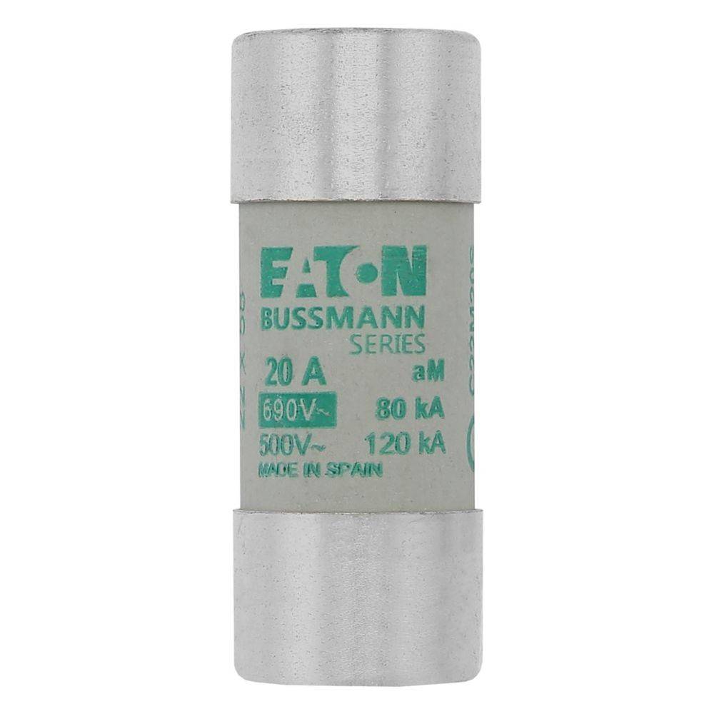 Eine Zylindersicherung mit der Beschriftung 'Eaton Bussmann Serie, 20A, 690V~, 80kA, 500V~ 120kA, Hergestellt in Spanien'.