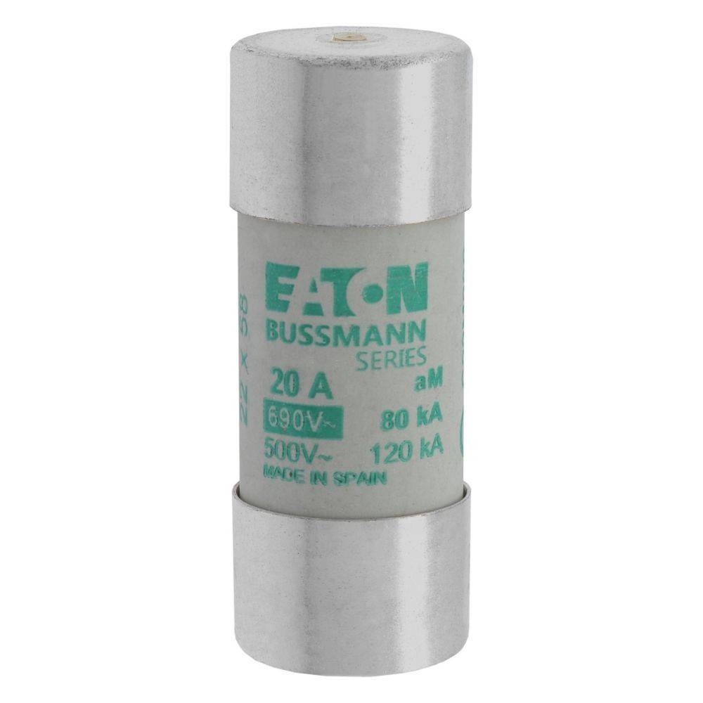 Eine zylindrische Eaton Bussmann Series Sicherung, gekennzeichnet mit '20 A', '500 V', '80 kA' und '120 kA', entwickelt für den elektrischen Leitungsschutz.