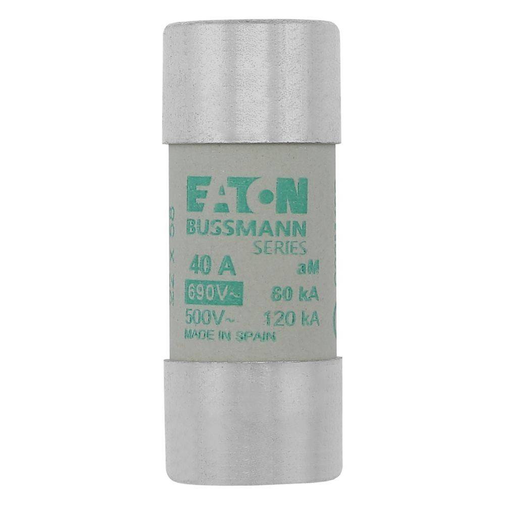 Eine zylindrische Eaton Bussmann Sicherung, gekennzeichnet mit '40 A', '690 V' und 'Made in Spain', mit Metallenden, ausgelegt für elektrische Sicherheit.