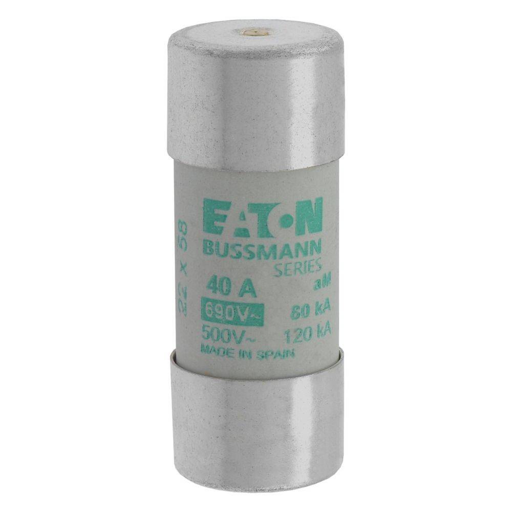 Eaton Bussmann Serie Sicherung, 40A, 690V, ausgelegt für 500V/120kA, zylindrische Form mit metallischen Enden, hergestellt in Spanien.
