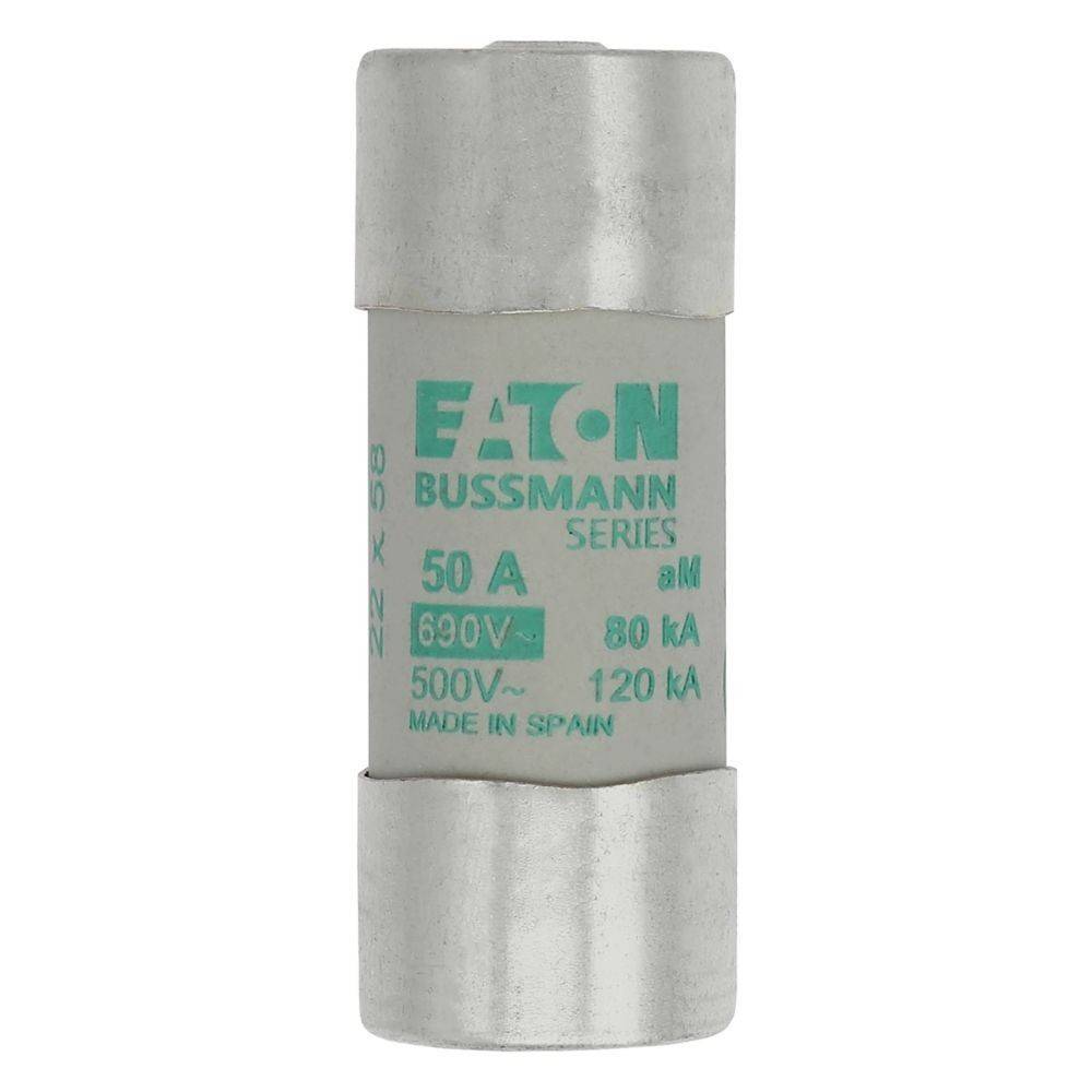 Eine Zylindersicherung mit der Beschriftung 'EATON BUSSMANN SERIE 50 A, 690V, 500V~, 80 kA, 120 kA, HERGESTELLT IN SPANIEN' wird vor einem weißen Hintergrund dargestellt.
