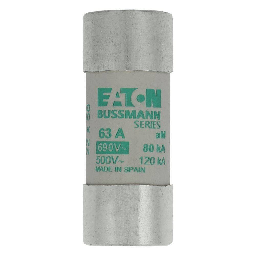 Eine Zylindersicherung mit der Beschriftung 'Eaton Bussmann Series, 63 A, 690V, 80 kA, 500V~, 120 kA, Made in Spain' mit silbernen Endkappen.