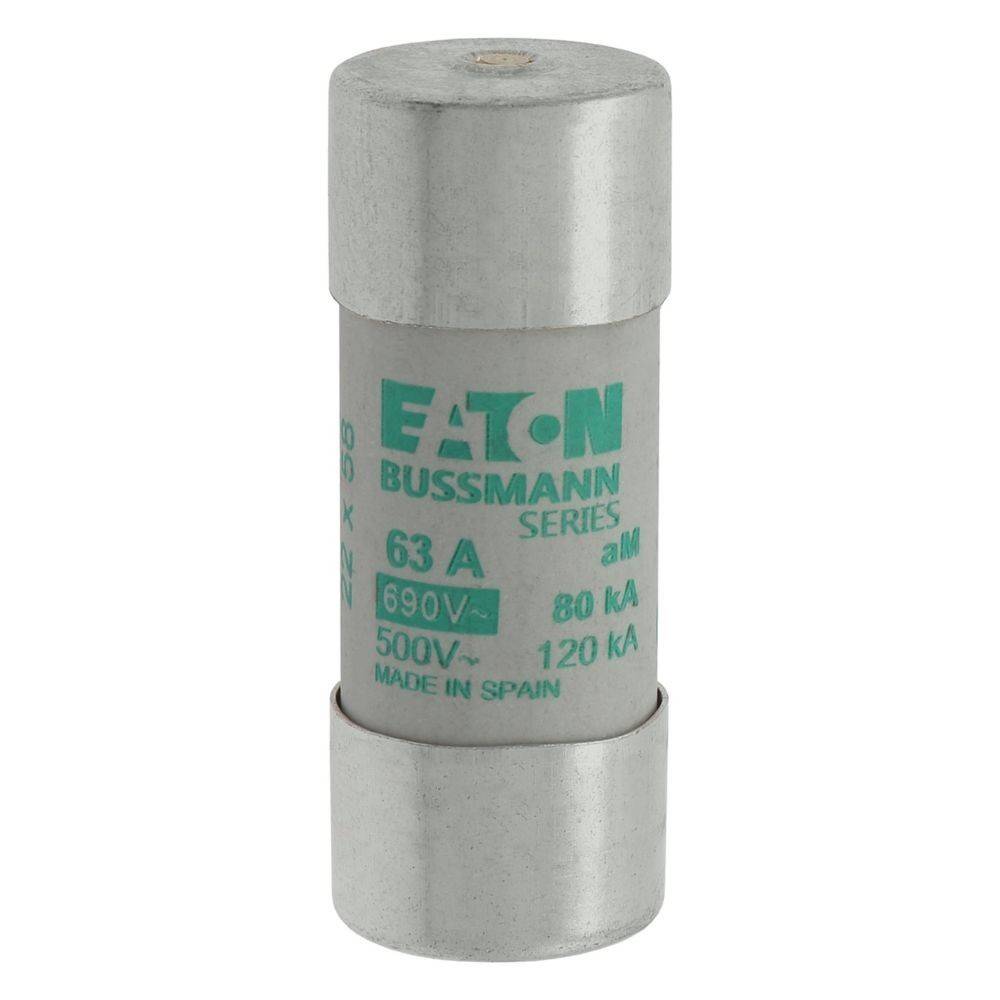 Eine zylindrische elektrische Sicherung mit der Bezeichnung 'Eaton Bussmann Series', ausgelegt für 63 A, 690V, verwendet zum Überstromschutz in elektrischen Schaltkreisen.