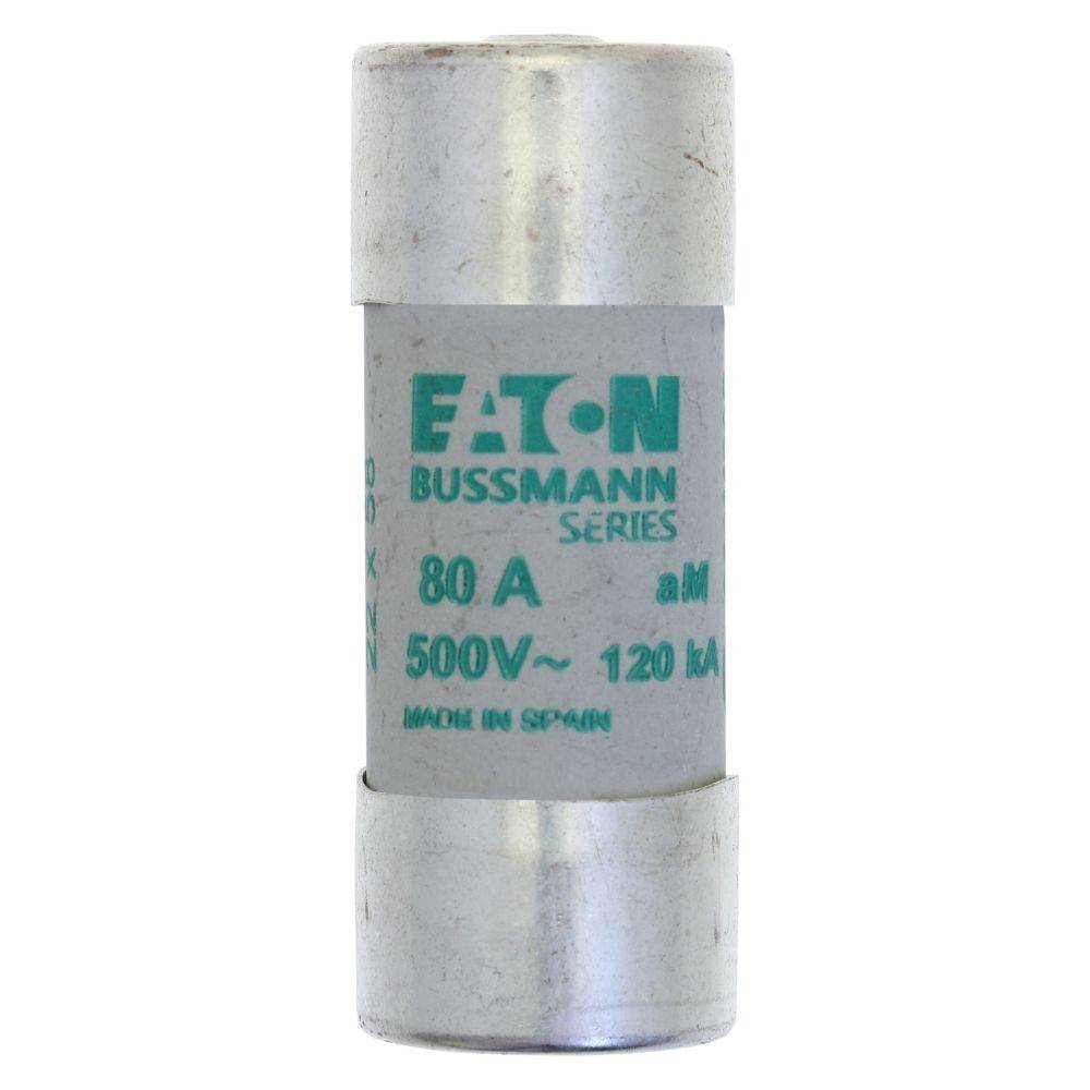 Ein zylindrisches 80A Eaton Bussmann Sicherungselement, ausgelegt für 500V mit einer Unterbrechungskapazität von 120kA. Text beinhaltet 'Hergestellt in Spanien'.