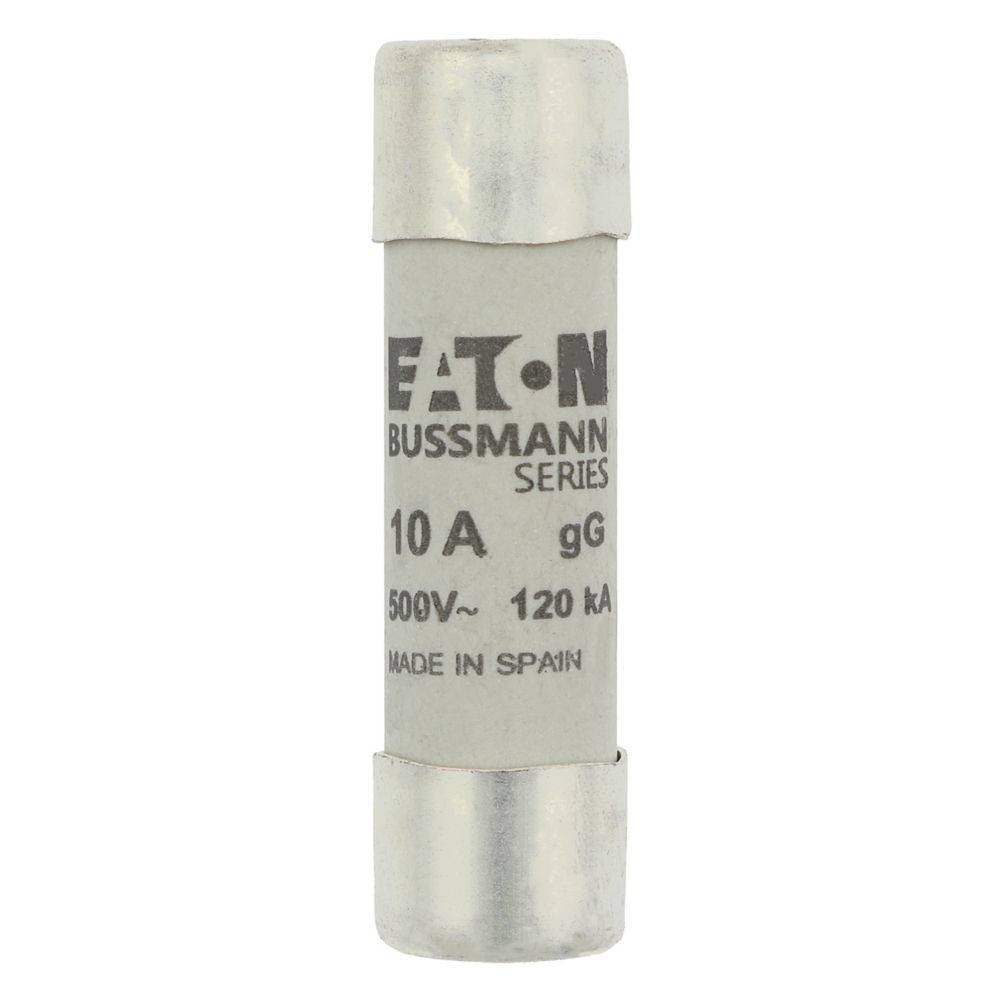 Eine Zylindersicherung mit der Beschriftung 'Eaton Bussmann Series 10A gG 500V~ 120kA Hergestellt in Spanien', die Spezifikationen und Herkunft angibt.