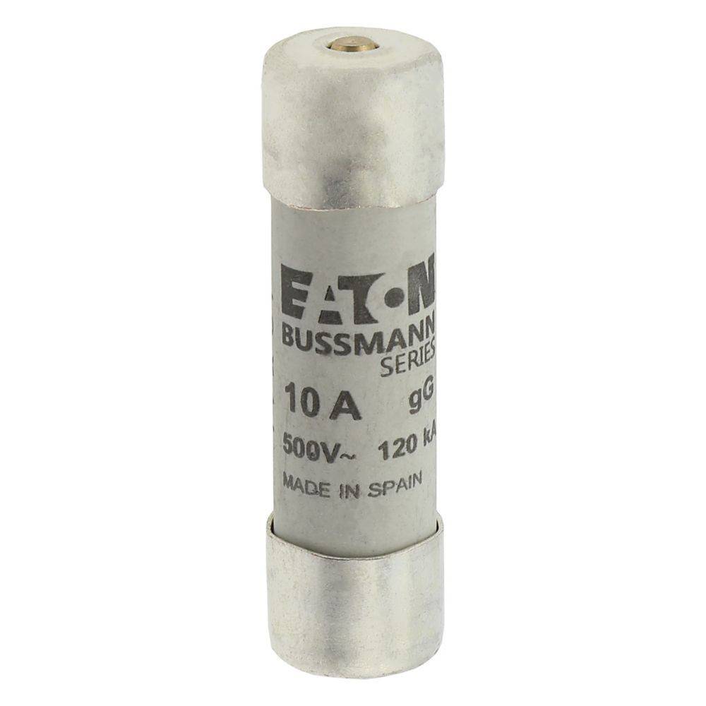 Eine zylindrische elektrische Sicherung mit der Aufschrift 'Eaton Bussmann Series' und '10 A, 500V~, 120 kA' gedruckt. Hergestellt in Spanien.