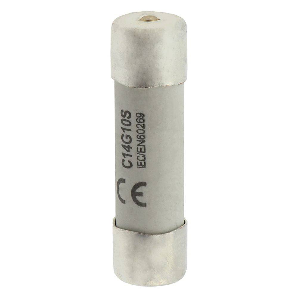 Eine Nahaufnahme einer zylindrischen elektrischen Sicherung mit Metallkappen an beiden Enden. Mit 'C14G10S' und 'IEC60269' beschriftet, ist sie mit einer CE-Kennzeichnung zertifiziert.