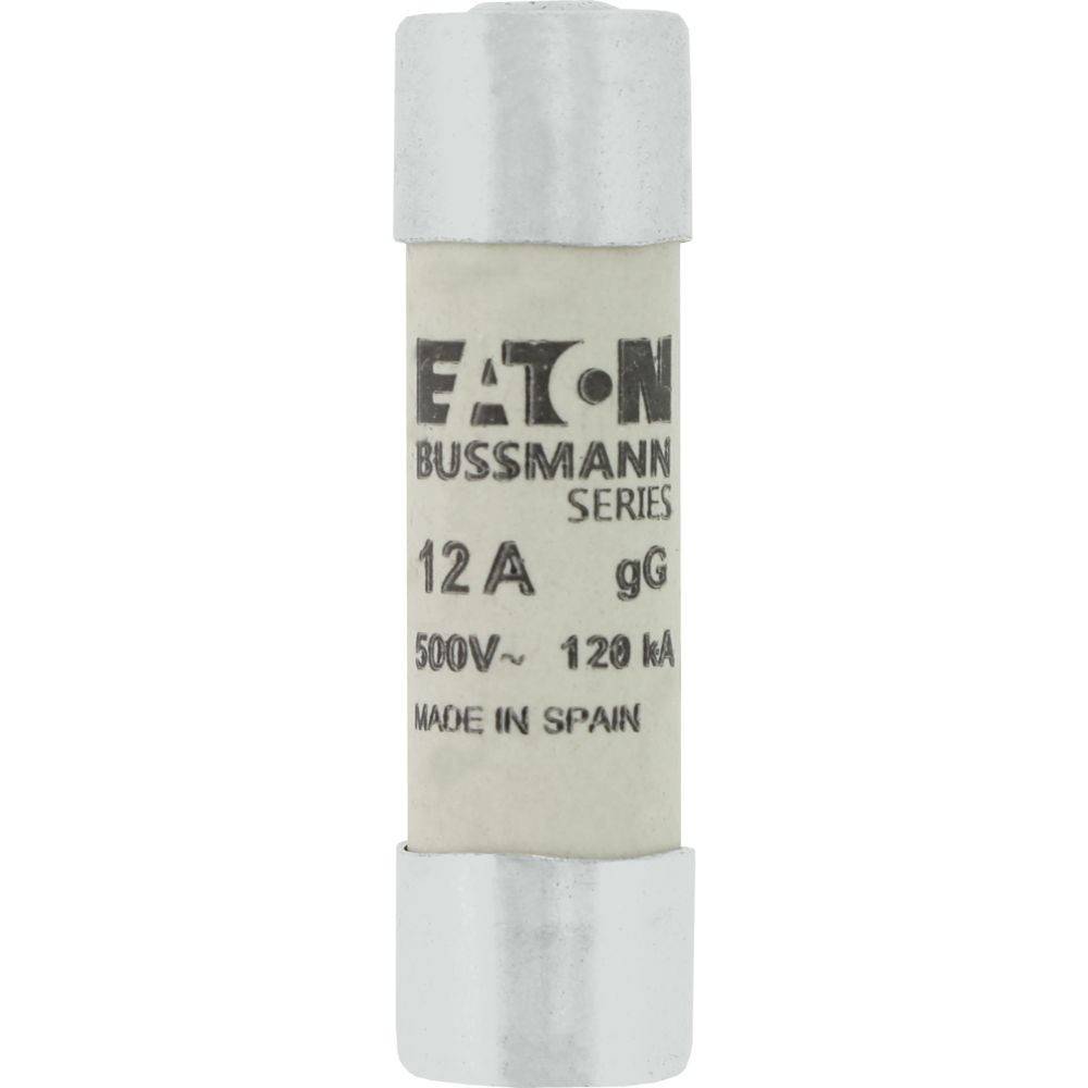 Eaton Bussmann Serie' Sicherung mit Anzeige '12A', '500V~ 120kA', 'Hergestellt in Spanien'.