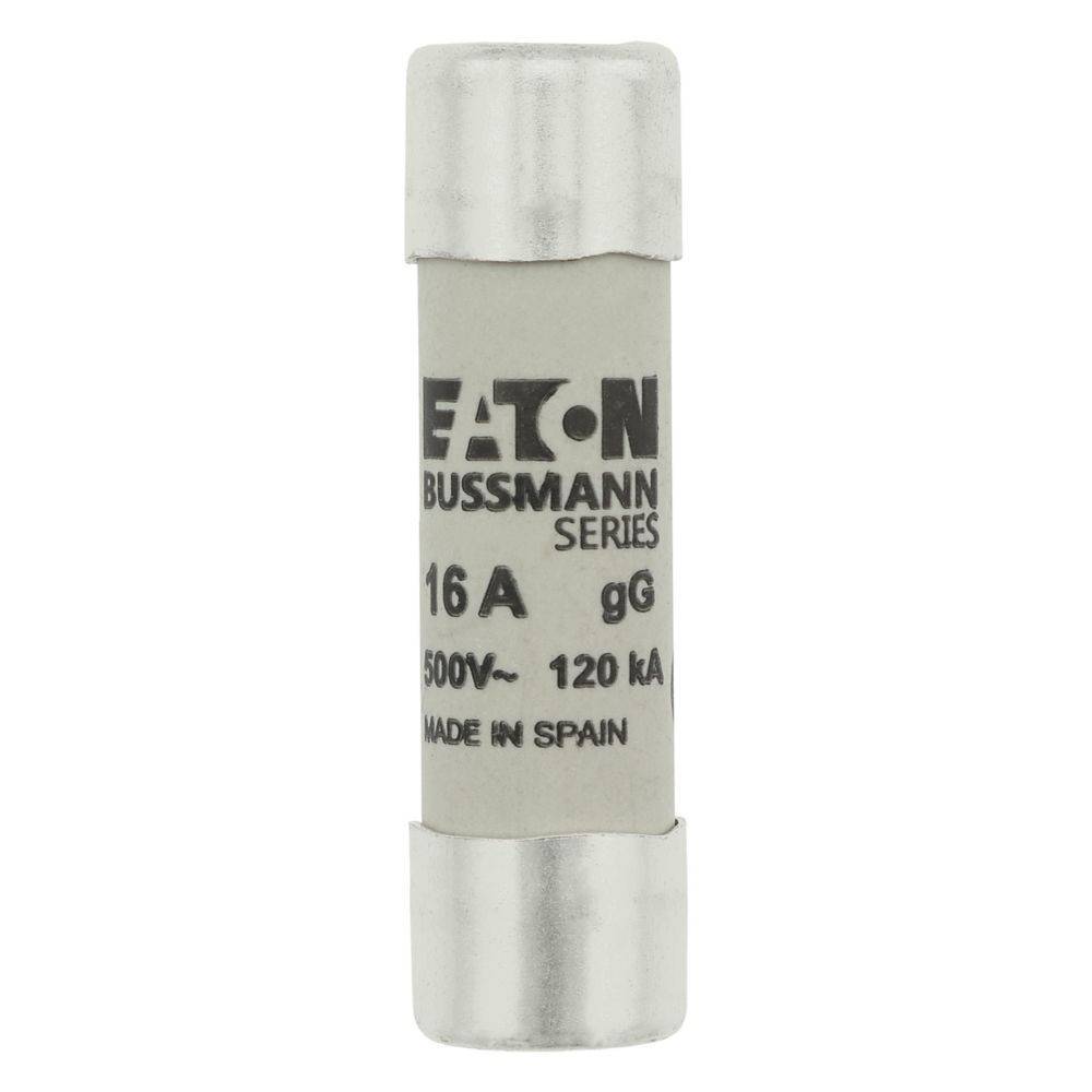 Eaton Bussmann Serie', Sicherung, 16 A, 500 V, 120 kA, zylindrische Form, gekennzeichnet mit 'Hergestellt in Spanien'.