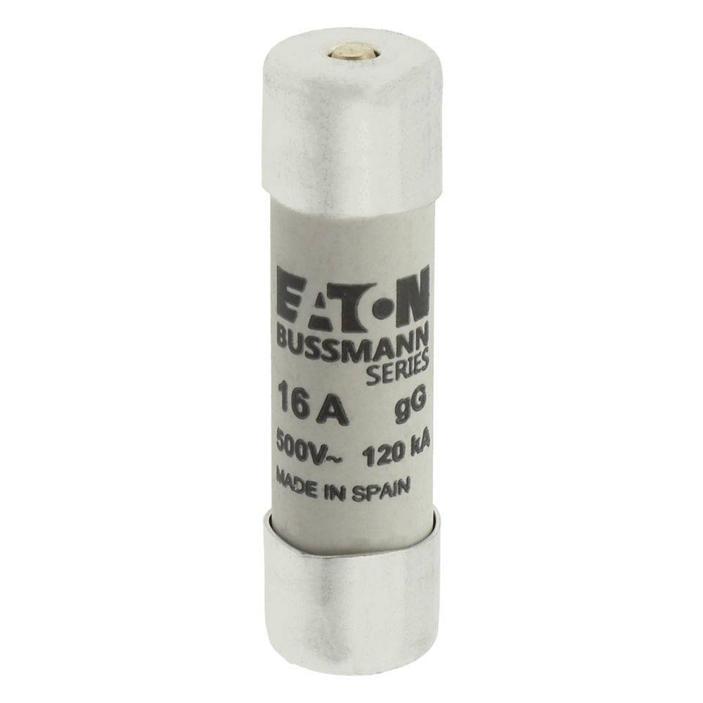 Eine zylindrische Bussmann-Sicherung, bewertet mit 16A, 500V, 120kA, mit Markierungen, die darauf hinweisen, dass sie in Spanien hergestellt wurde.