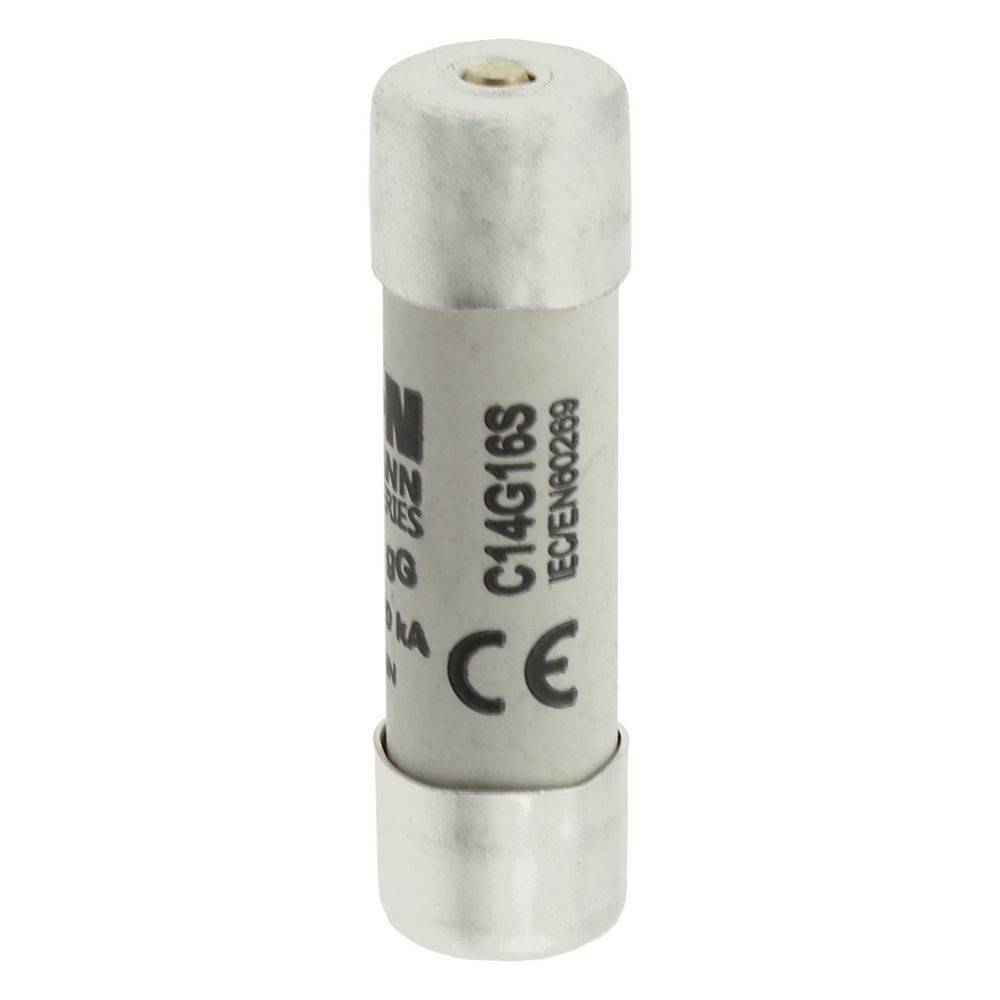 Eine zylindrische elektrische Sicherung mit der Bezeichnung 'C14G16S'. Sie verfügt über metallische Endkappen und einen weißen Körper, der mit Konformitätssymbolen gekennzeichnet ist.