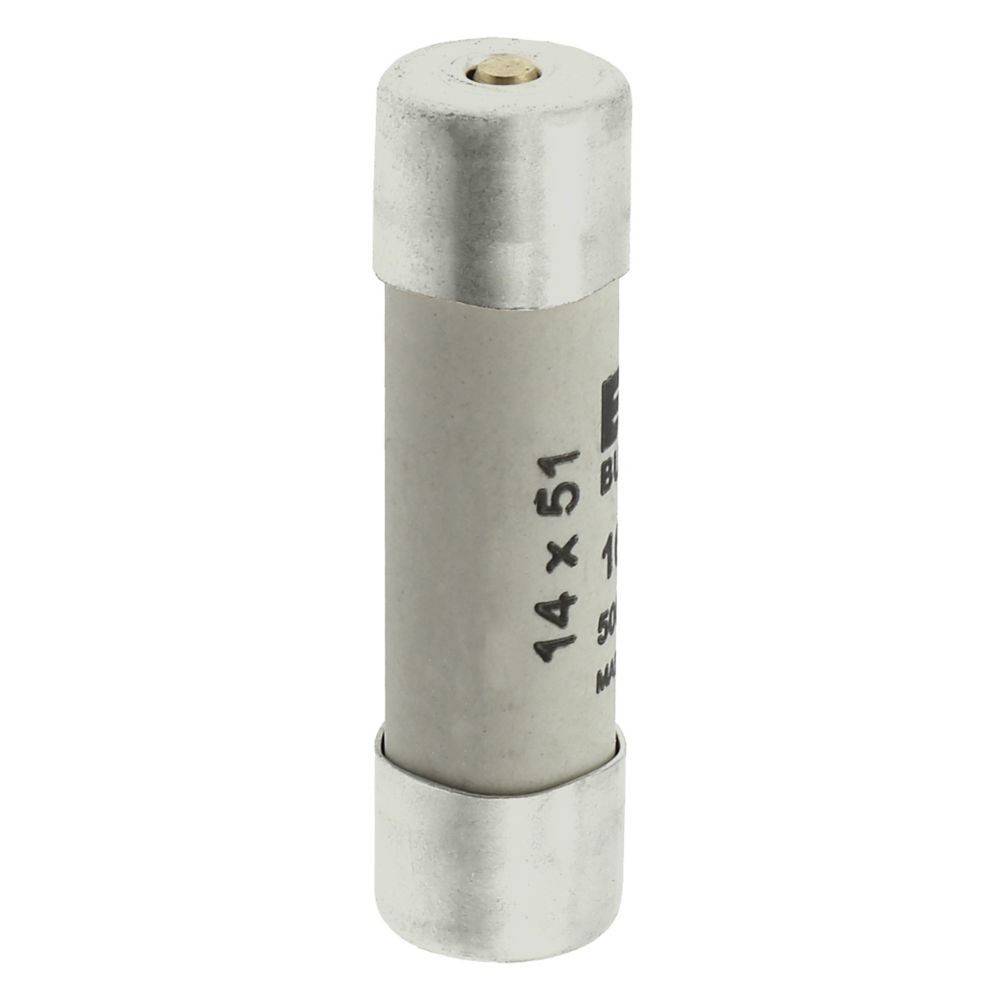 Eine Zylindersicherung mit metallischen Endkappen und der Beschriftung '14 x 51' am Gehäuse, die zur Stromkreisabsicherung verwendet wird.